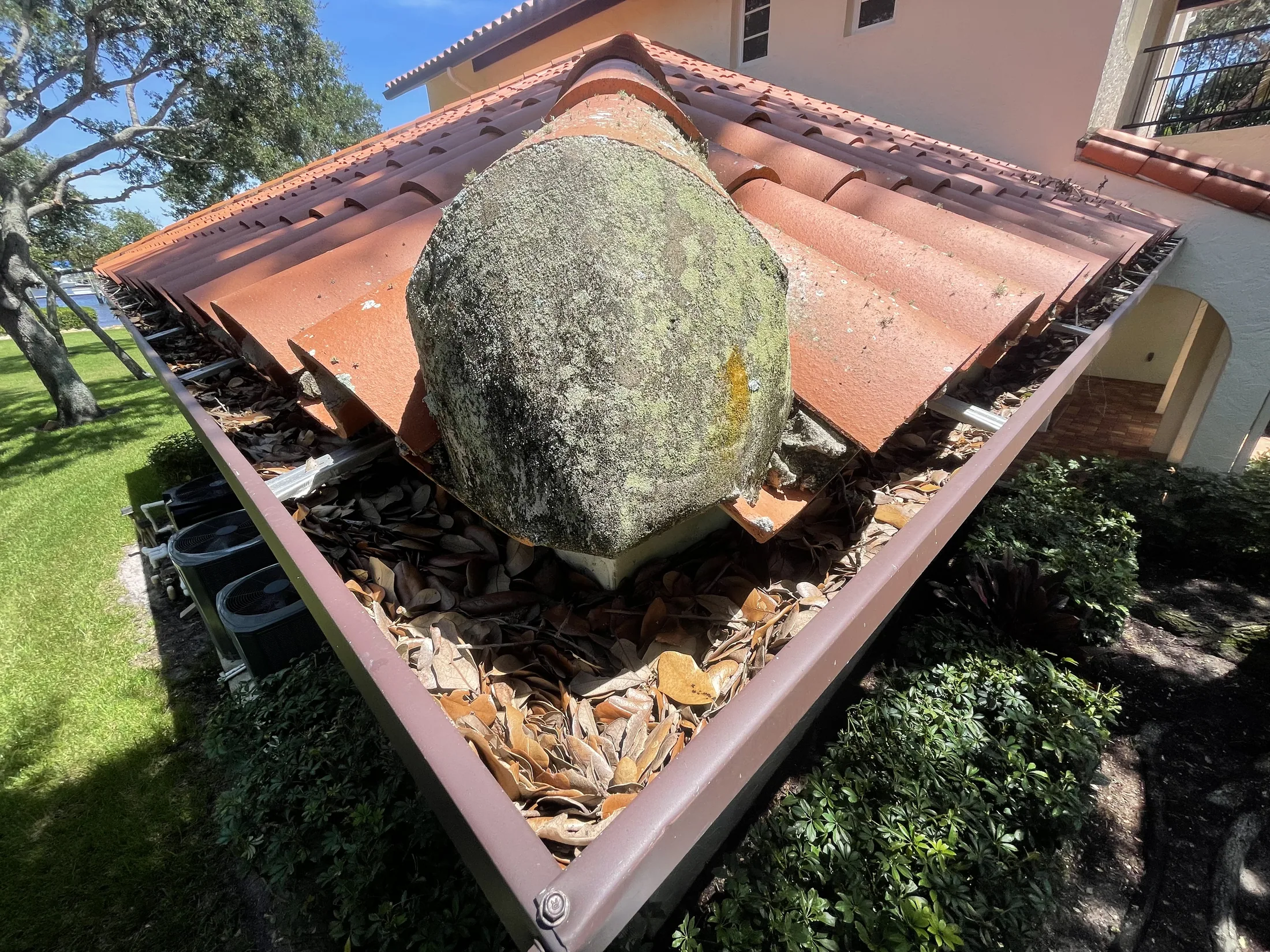 Debris in a roof valley and gutter