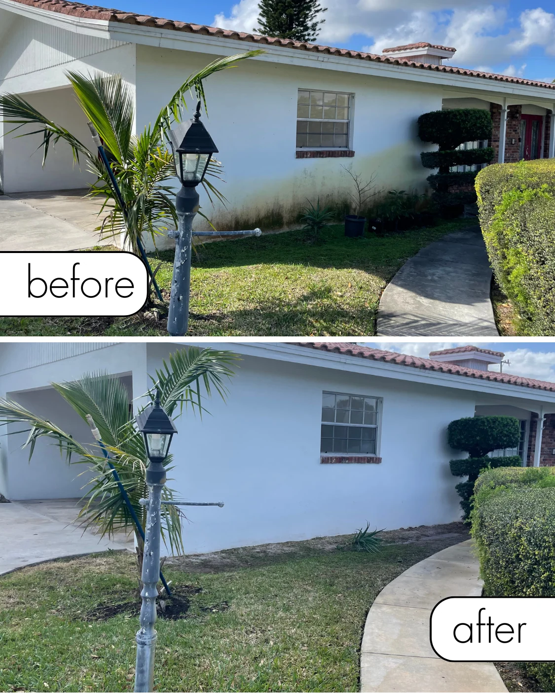Exterior wall stain removal before-and-after photos