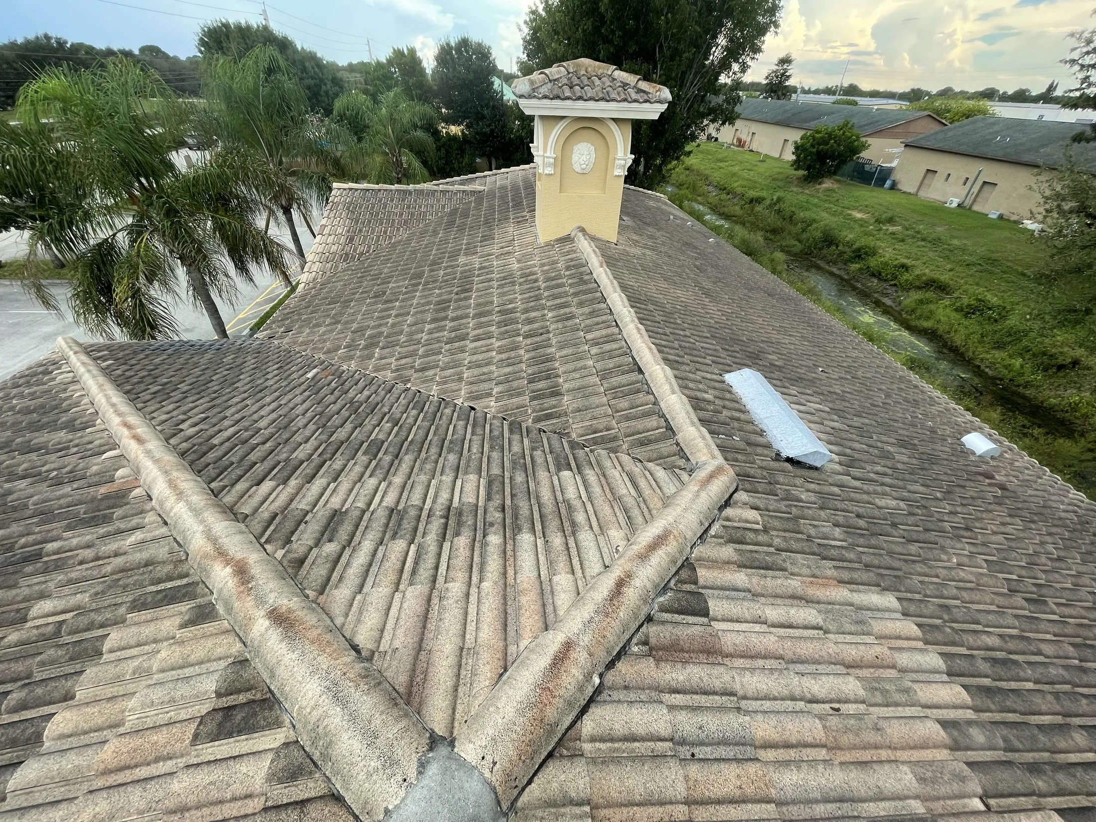Gray tile roof before cleaning