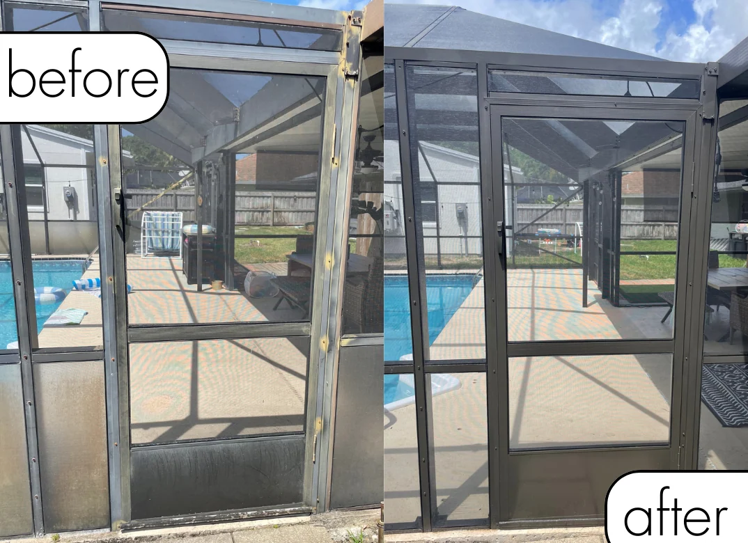 Pool cage screen door repair before-and-after photos