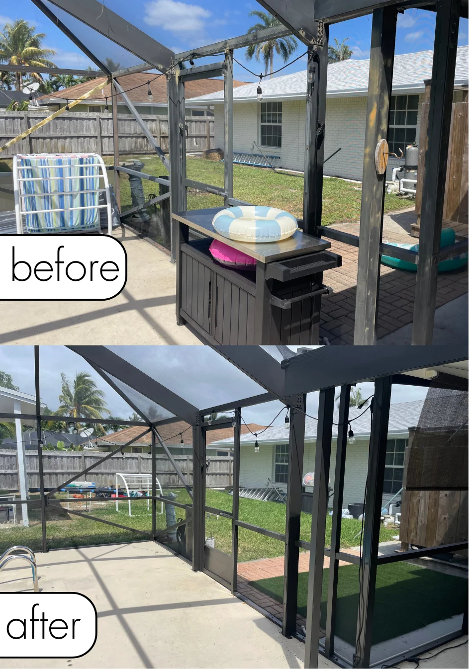 Pool enclosure repair before-and-after collage