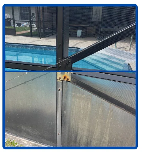 Close view of damage to a pool screen door frame