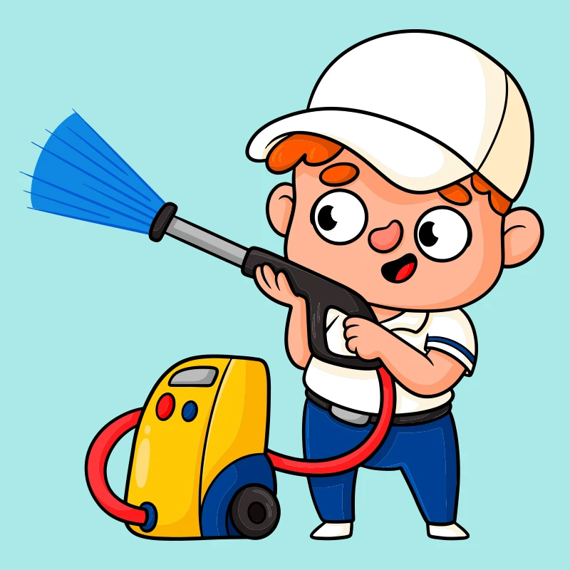 A cartoon cleaner holding a pressure-washer wand beside the machine.