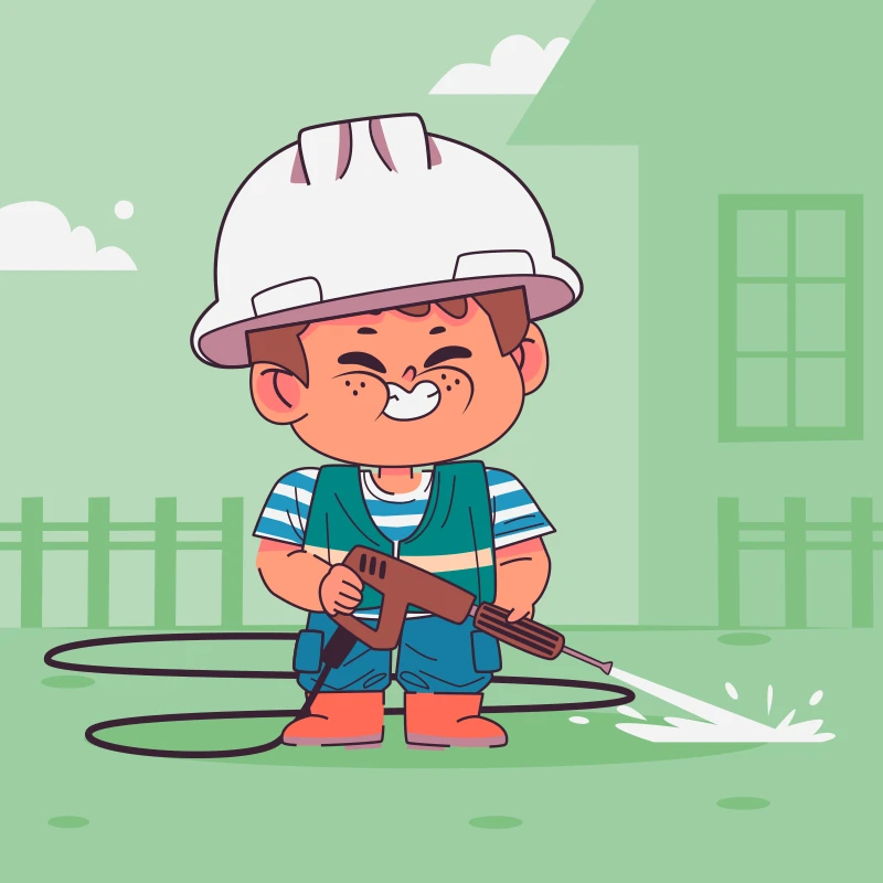 A cheerful cartoon cleaner rinsing a home exterior.