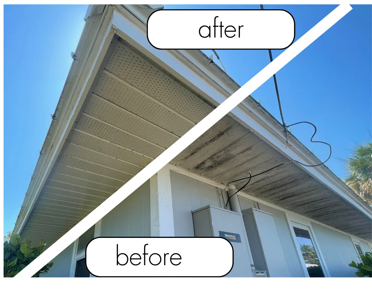 Roof soffit cleaning before-and-after photos