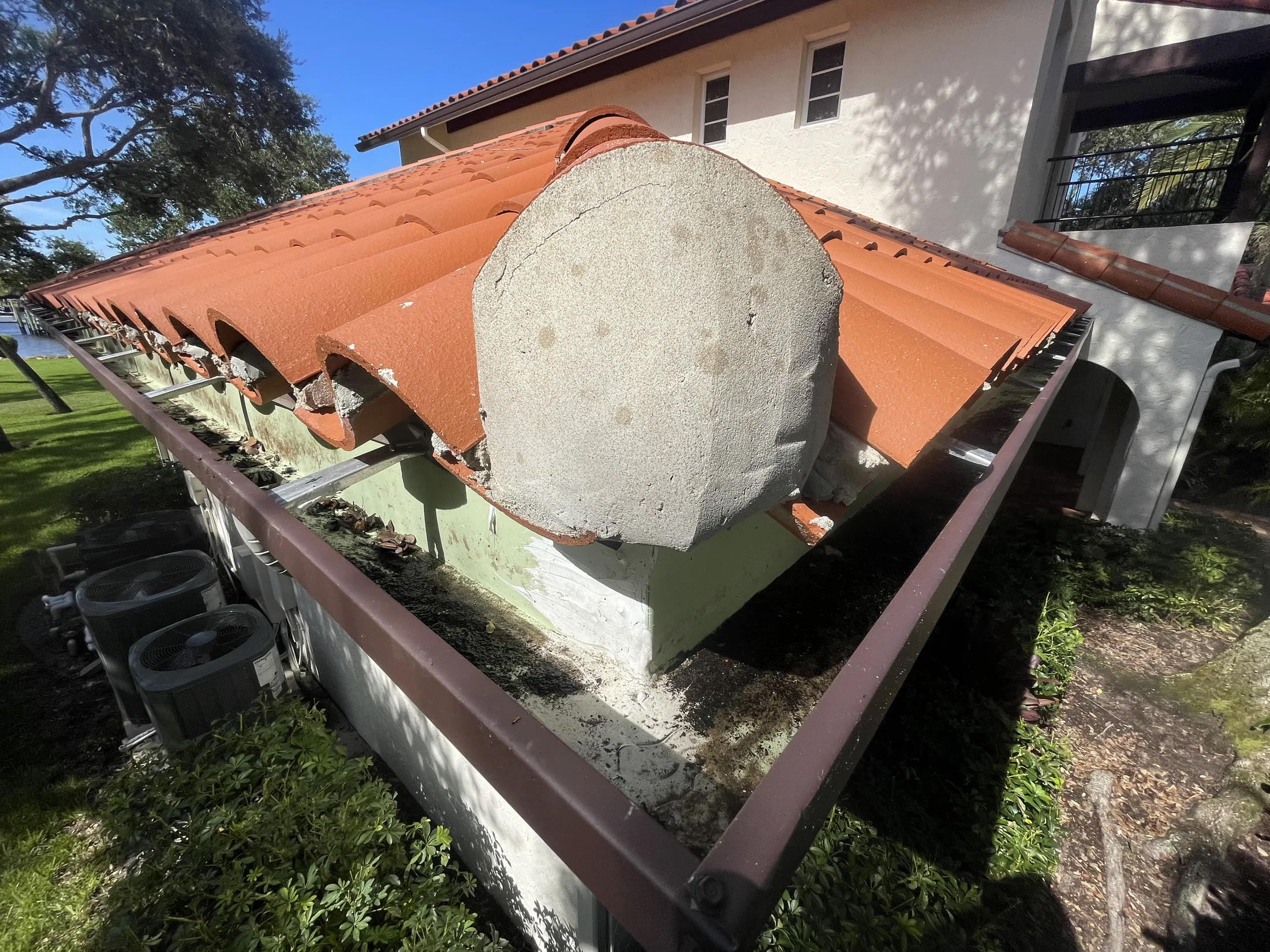 Debris collected in a roof valley