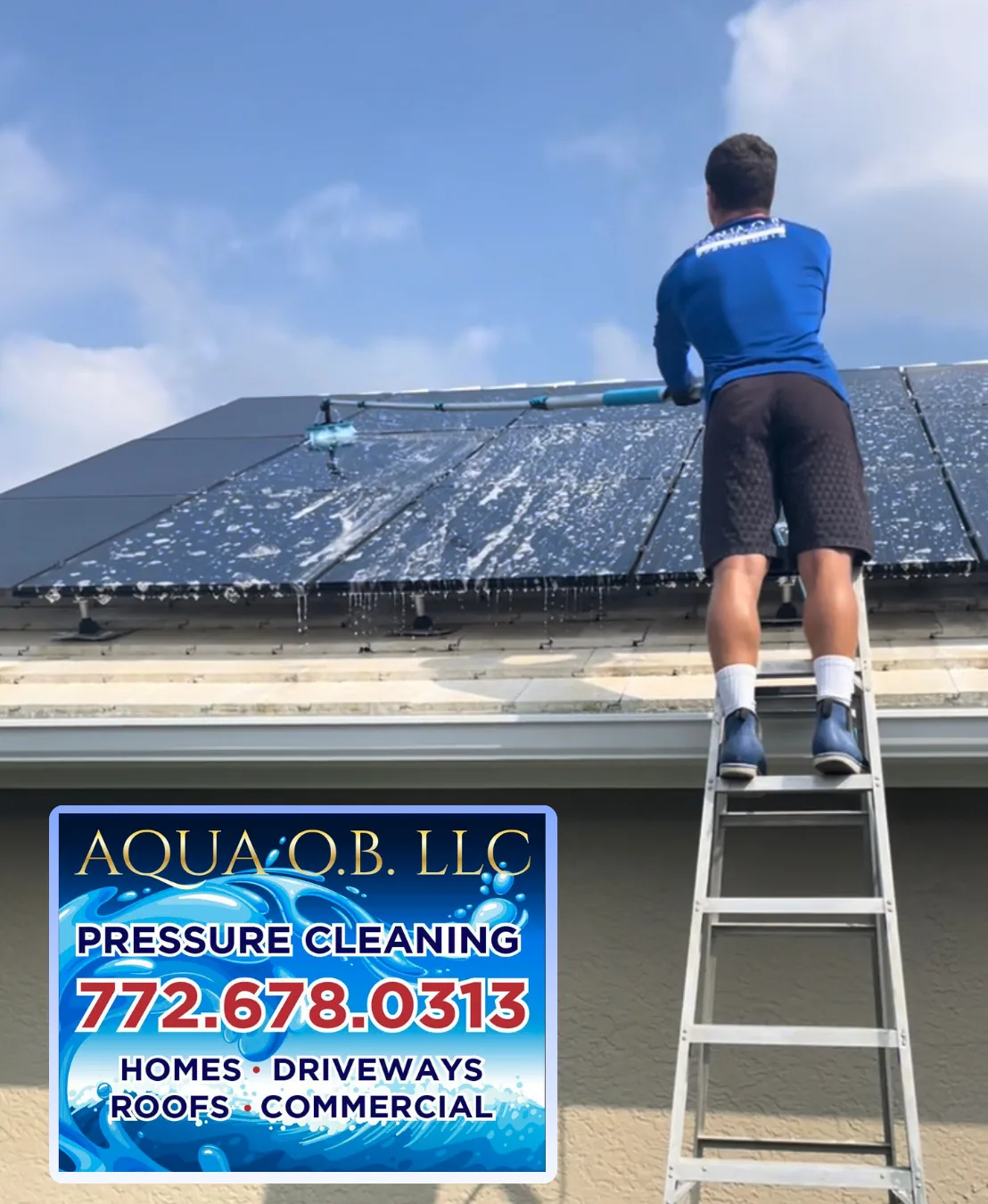 Technician working on a rooftop solar cleaning project