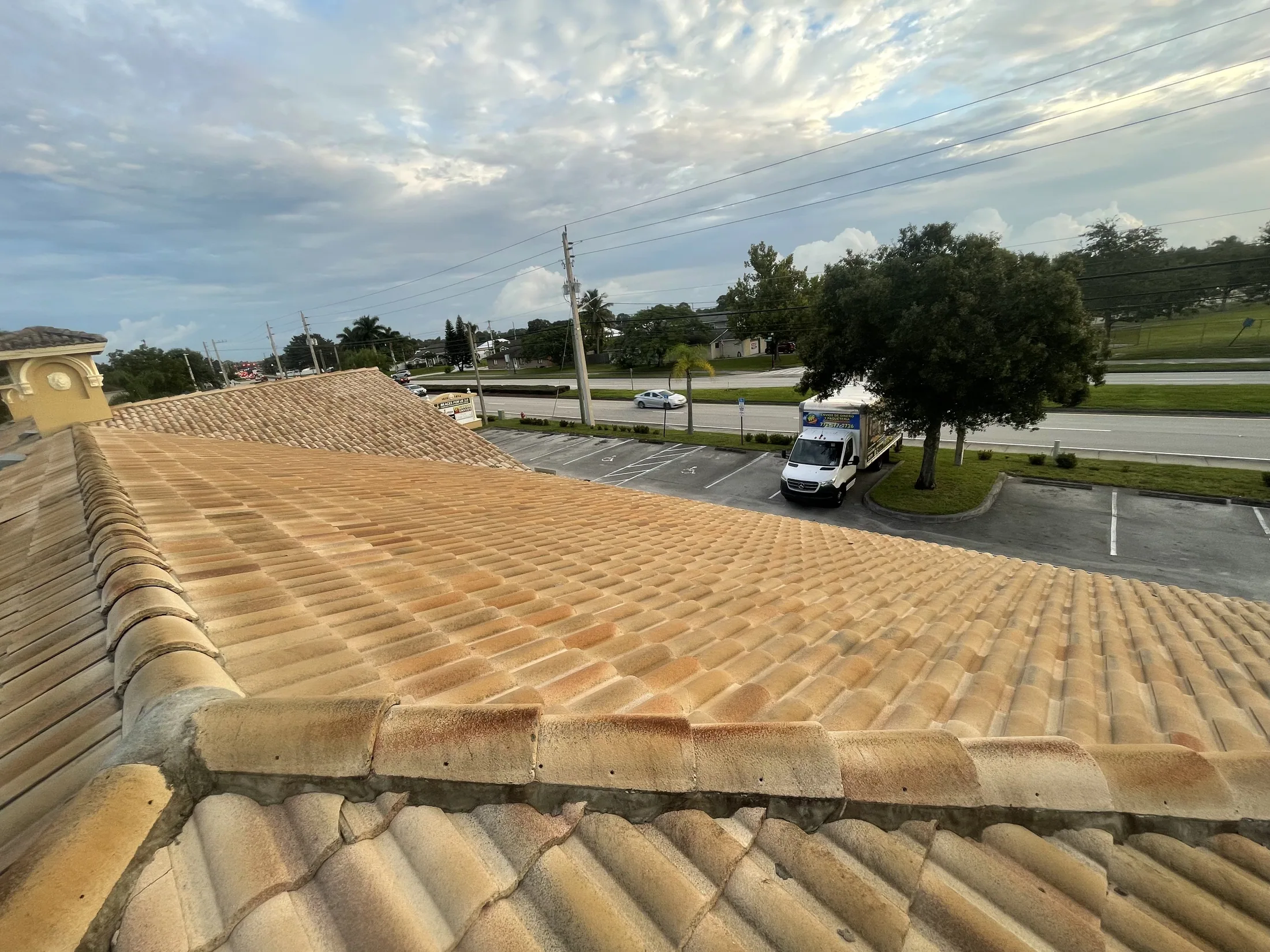 Wide view of a cleaned tan tile roof
